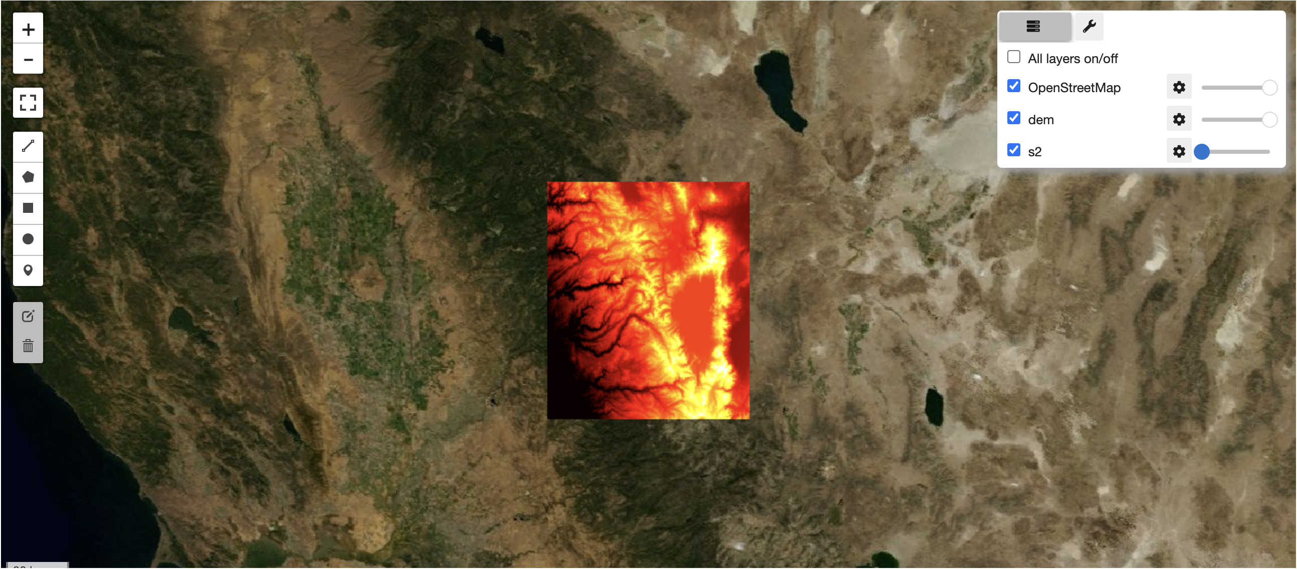 hiding sentinel-2 layer to reveal dem